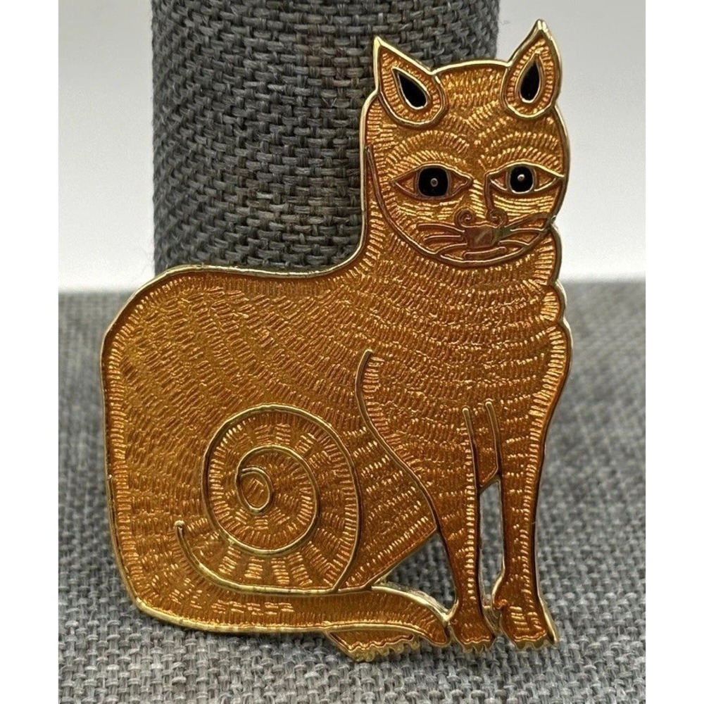 Vintage Orange Guilloche Enamel Tabby Cat Brooch Pin Spiral Detail
